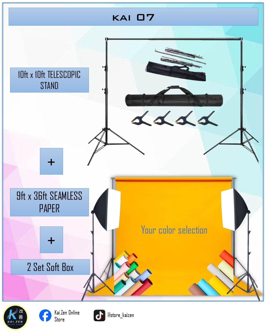 KAI 07 (Telescopic Stand+ Seamless Paper + 2sets Softbox)