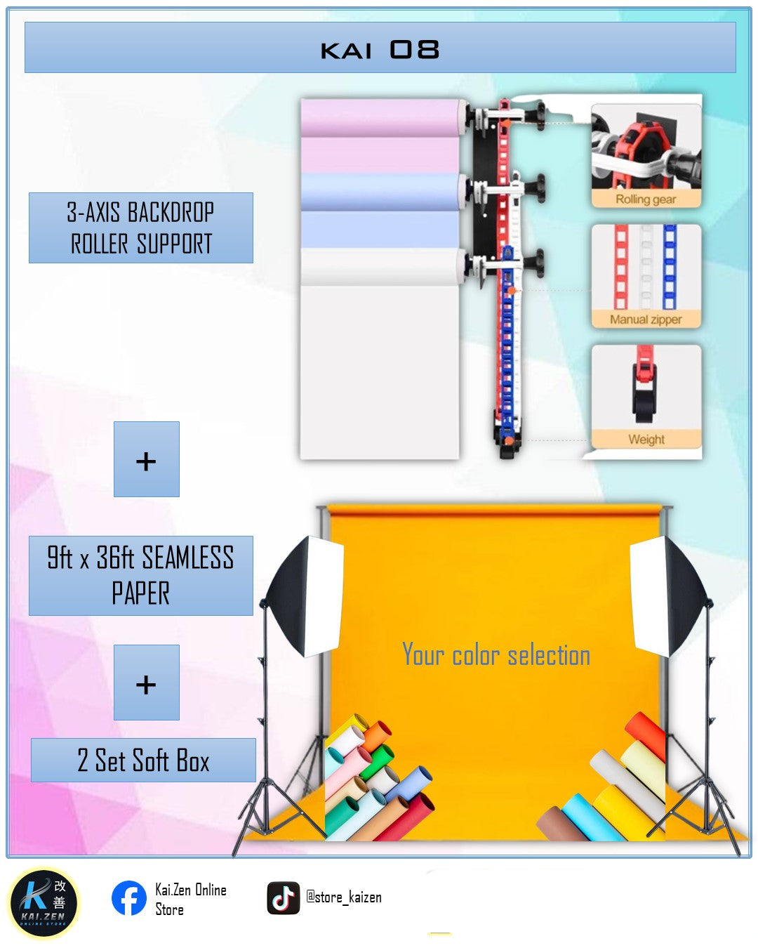 KAI 08 (3-Axis Backdrop Roller Support + Seamless Paper + 2 sets Softbox)
