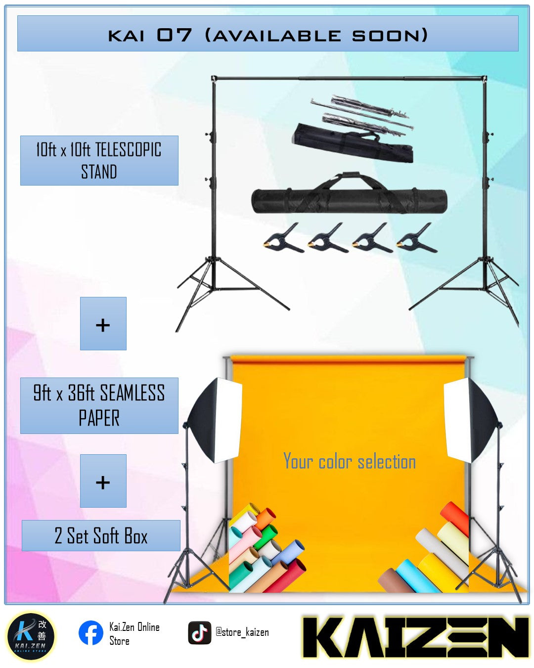 KAI 07 (Telescopic Stand+ Seamless Paper + 2sets Softbox)