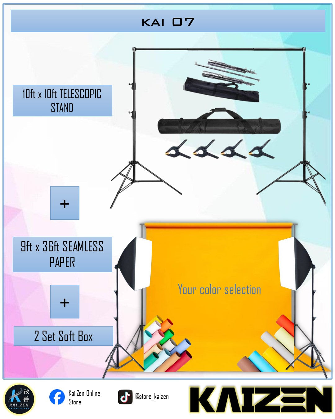 KAI 07 (Telescopic Stand+ Seamless Paper + 2sets Softbox)