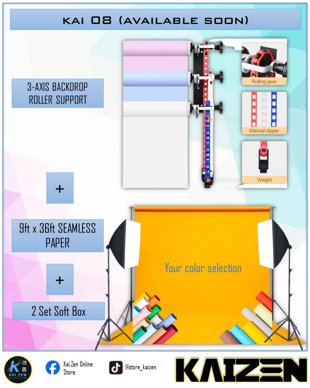 KAI 08 (3-Axis Backdrop Roller Support + Seamless Paper + 2 sets Softbox)