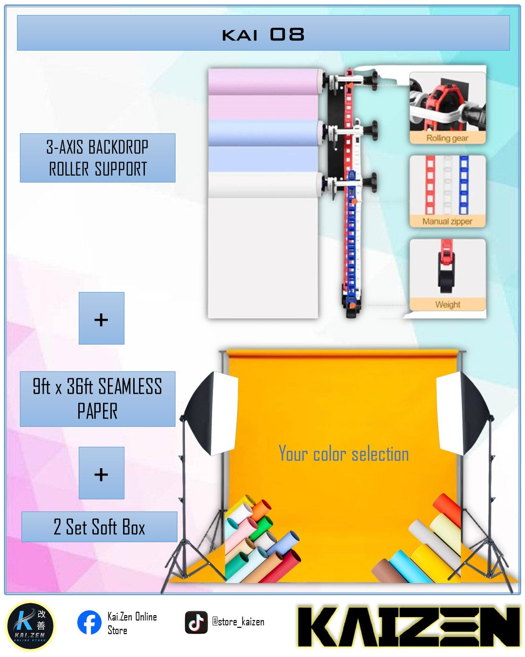 KAI 08 (3-Axis Backdrop Roller Support + Seamless Paper + 2 sets Softbox)