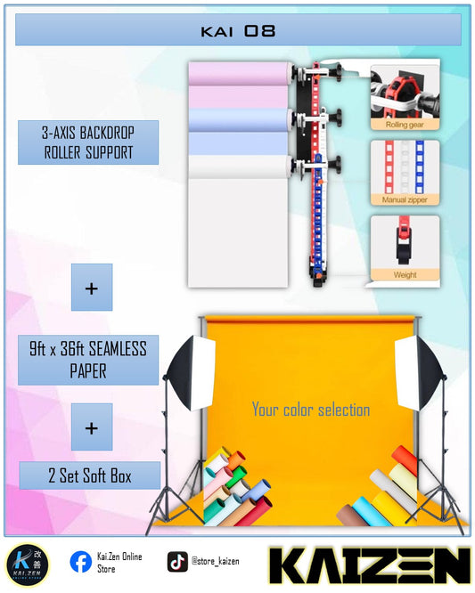 KAI 08 (3-Axis Backdrop Roller Support + Seamless Paper + 2 sets Softbox)